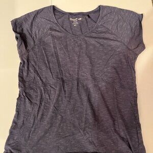 Toad and Co Gray Blue Striped V Neck Short Sleeve Shirt Medium 💗